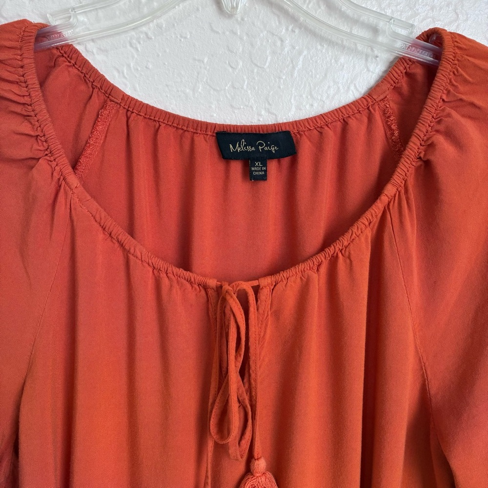 Melissa Paige Boho Peasant Top Womens XL Bell Sleeves Tassel Tie Pom Poms Comfy - Picture 4 of 9